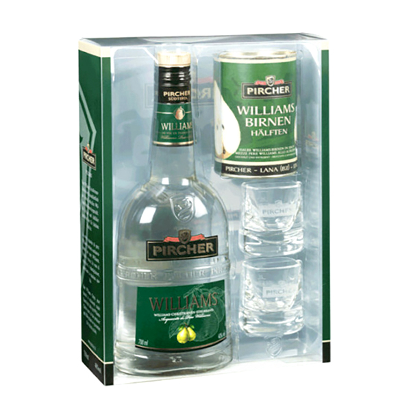 detail Pircher Williams 40% +2 skleničky + hrušky 0,7l